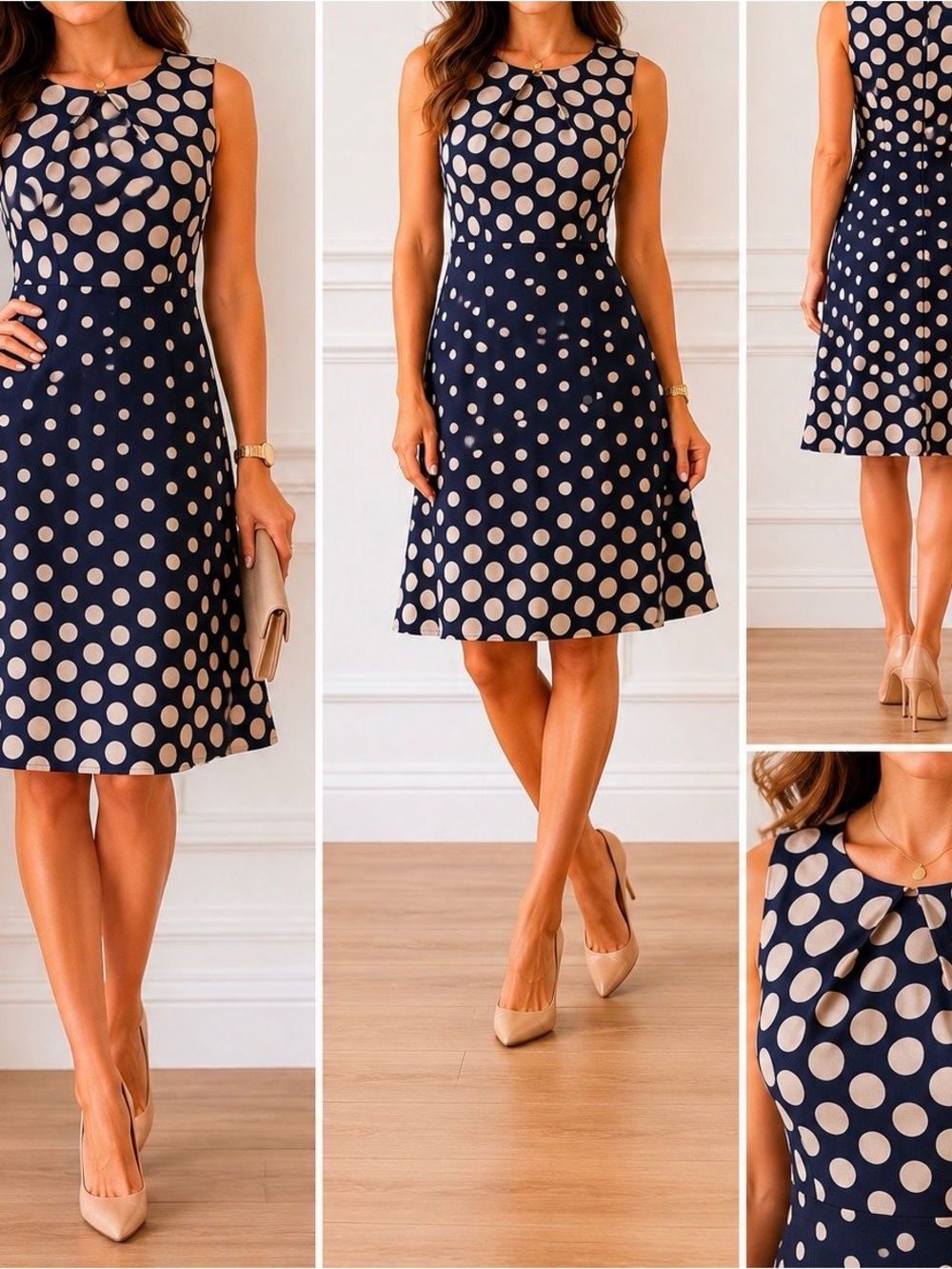 Dress Barn Navy and Beige Polka Dot Midi Dress